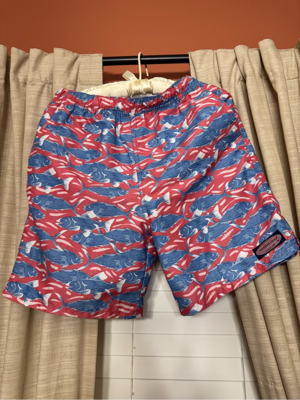 Vineyard Vines Red & Blue Fish-Print Swim Trunks